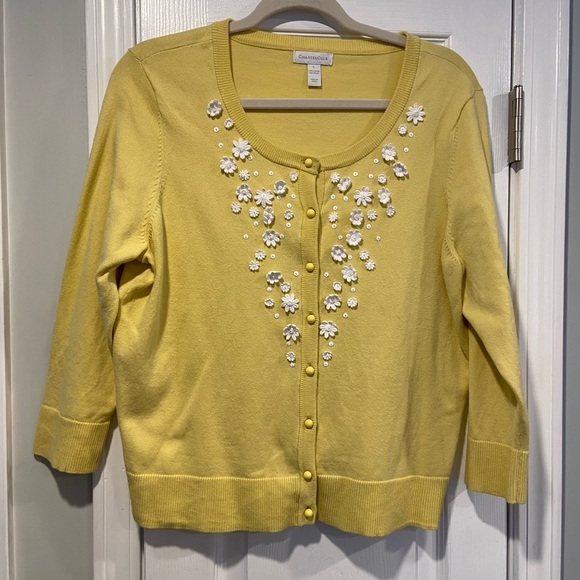 Charter Club Size L Yellow White Daisy Embellished Button Front Cardigan - Picture 1 of 12